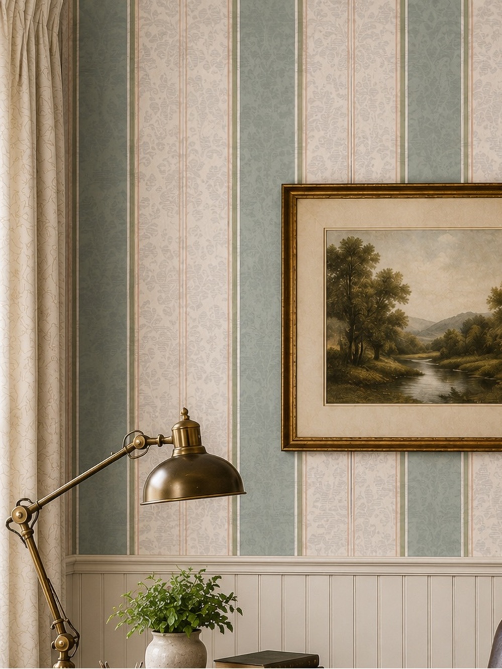 Waverly Soft Green and Cream Striped Damask Wallpaper